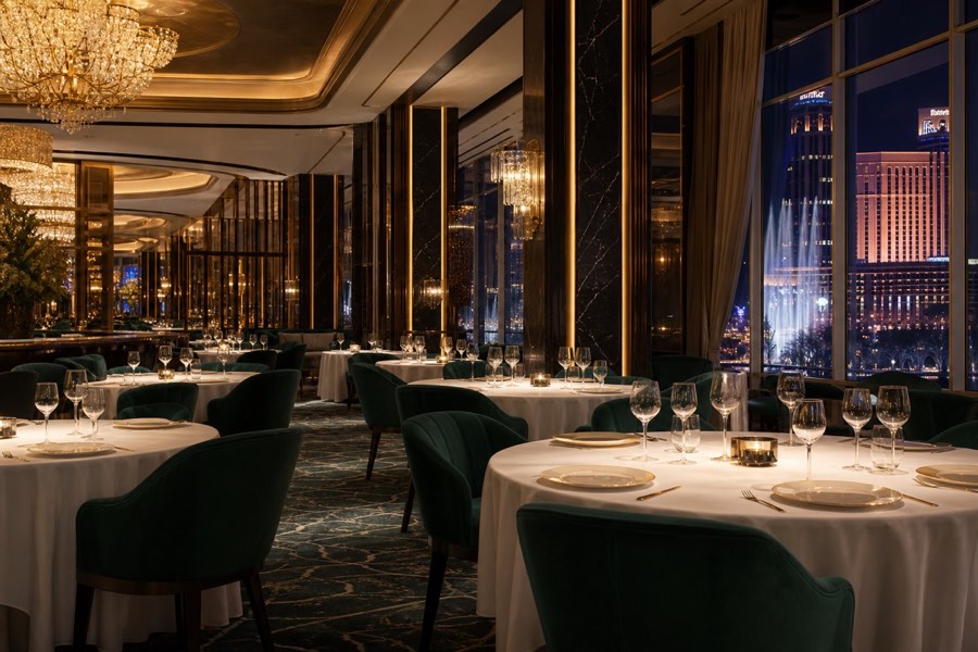 Fine dining room with emerald chairs overlooking the city at night