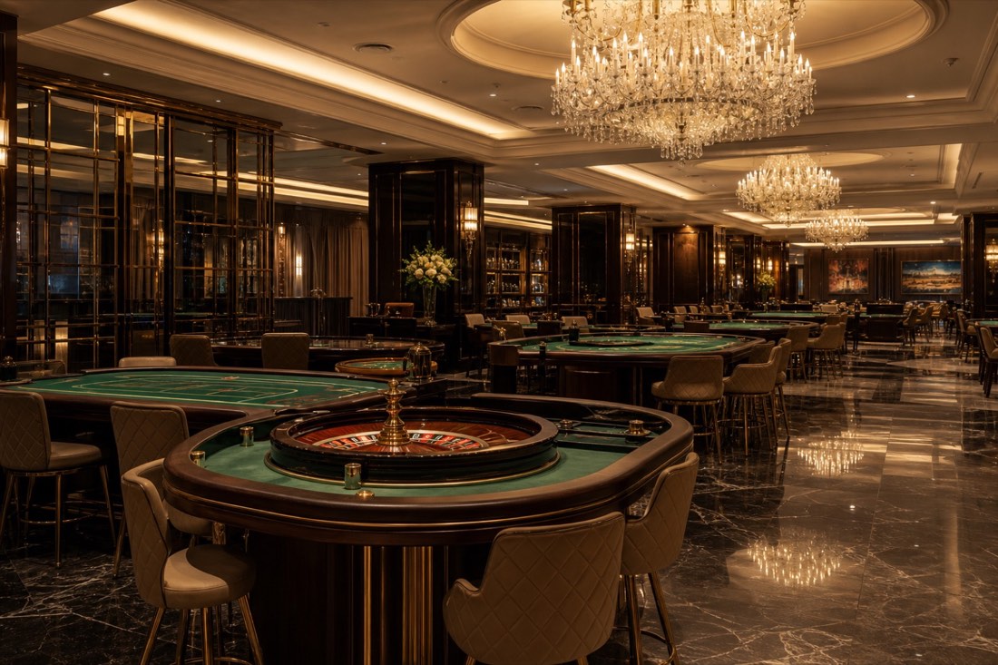 Roulette salon with green felt tables and crystal chandeliers